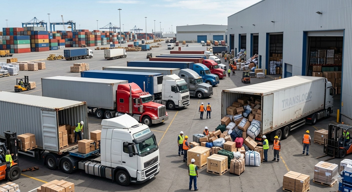 Plateforme logistique avec camions et marchandises